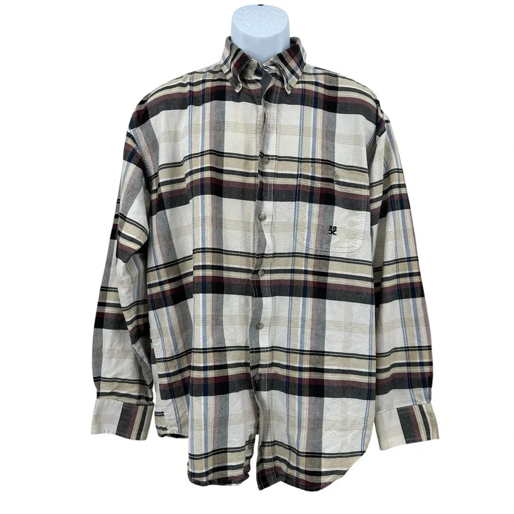 Wrangler TWENTY X Shirt Cream & Brown‎ Plaid Button Down Long Sleeve Men's XL